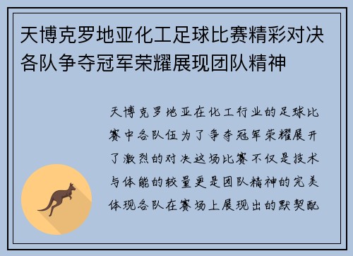 天博克罗地亚化工足球比赛精彩对决各队争夺冠军荣耀展现团队精神