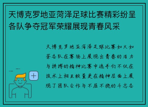 天博克罗地亚菏泽足球比赛精彩纷呈各队争夺冠军荣耀展现青春风采