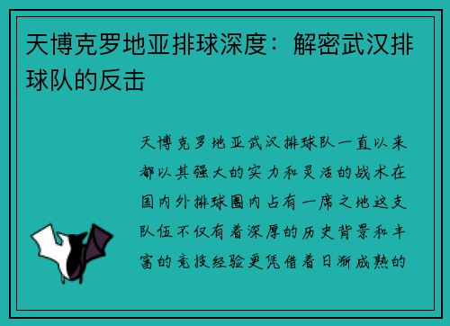天博克罗地亚排球深度：解密武汉排球队的反击