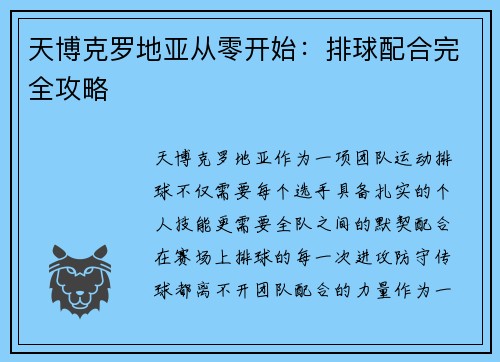 天博克罗地亚从零开始：排球配合完全攻略
