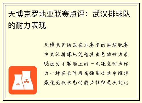 天博克罗地亚联赛点评：武汉排球队的耐力表现